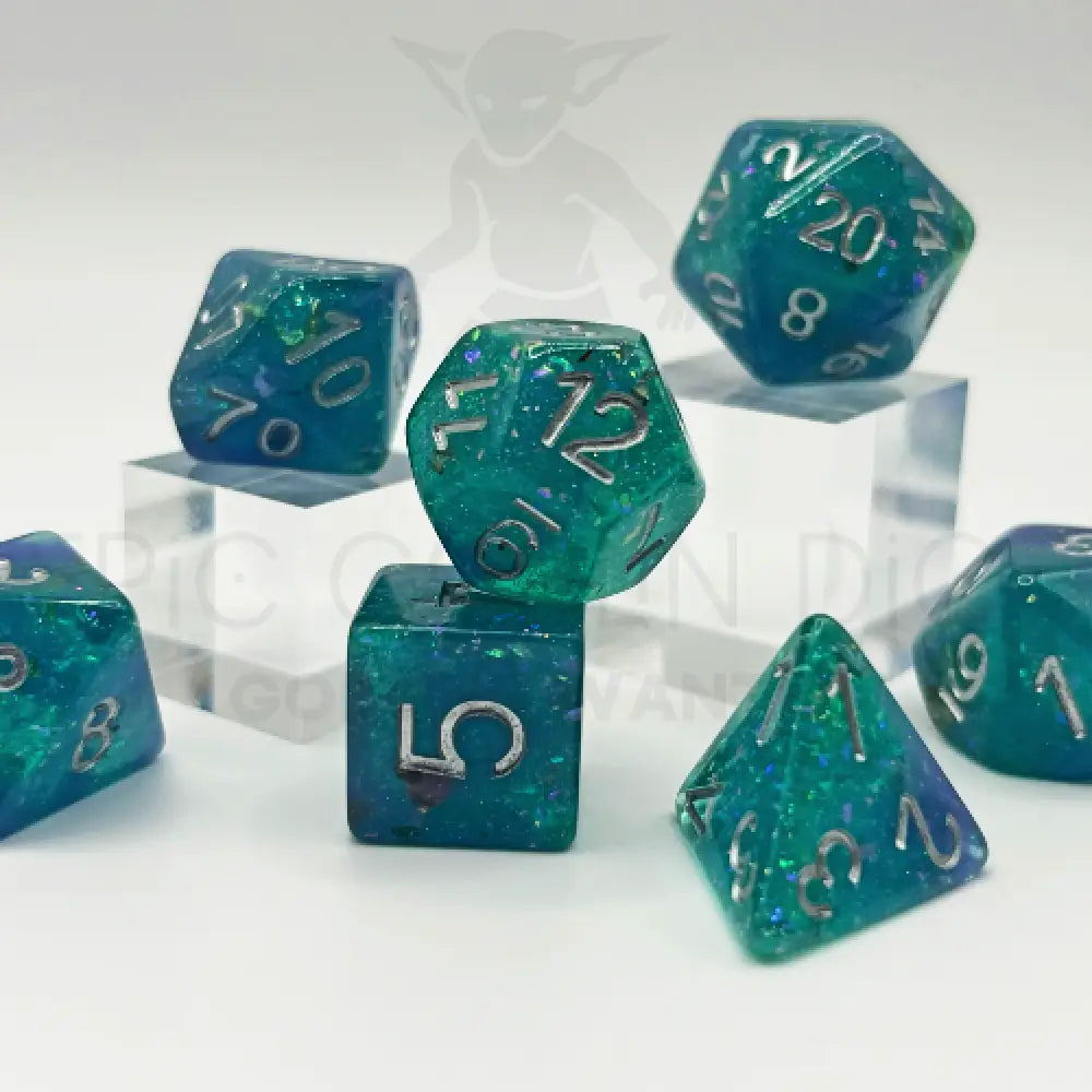 Mermaid Glitter Blue 7Pc Dice Set Resin